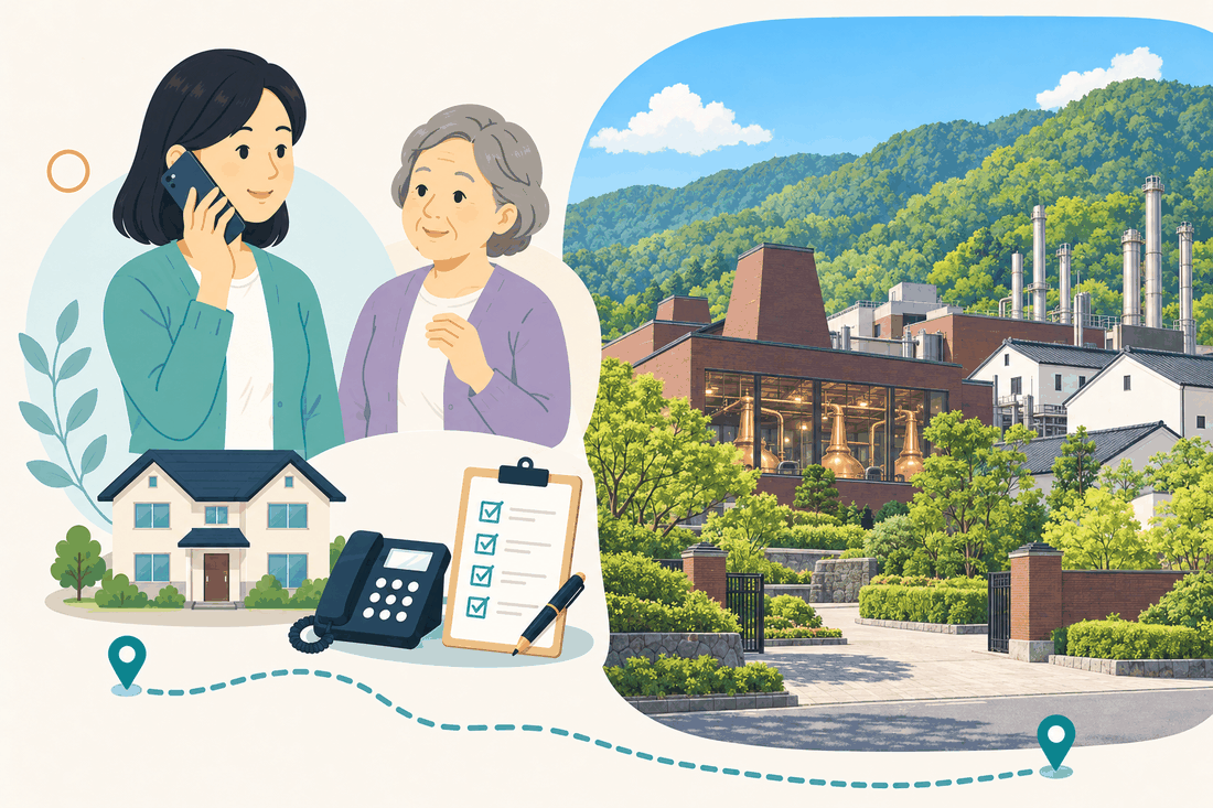 電話で相談する女性と親、住まい・固定電話・確認表と、山を背にした煉瓦調の建物と煙突、白い倉庫棟、ガラス越しに見える銅色の大きな釜を描いた案内イラスト