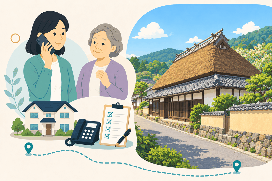 電話で相談する女性と親、住まい・固定電話・確認表と、瓦屋根の上に急勾配の茅葺き屋根を重ねた大きな古民家と、白壁と石積みの塀に沿う細い道を描いた案内イラスト