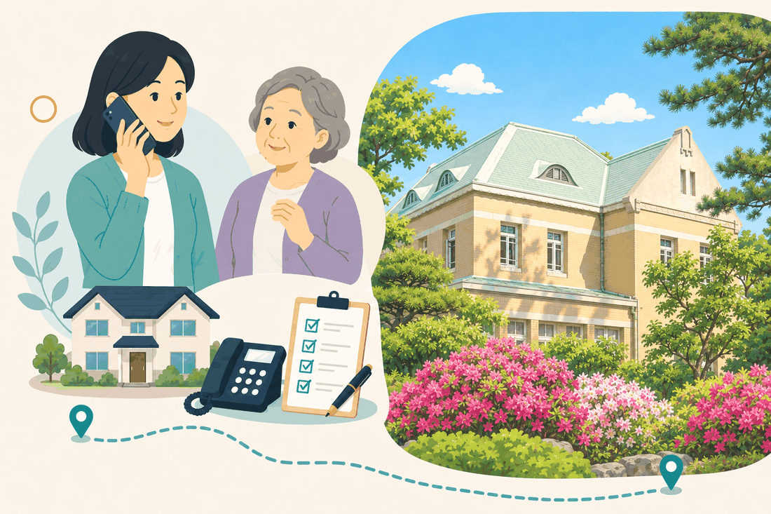 電話で相談する女性と親、住まい・固定電話・確認表と、淡い黄褐色の壁と淡い緑の屋根、弧を描く屋根窓のある洋風の建物と、手前のツツジを描いた案内イラスト
