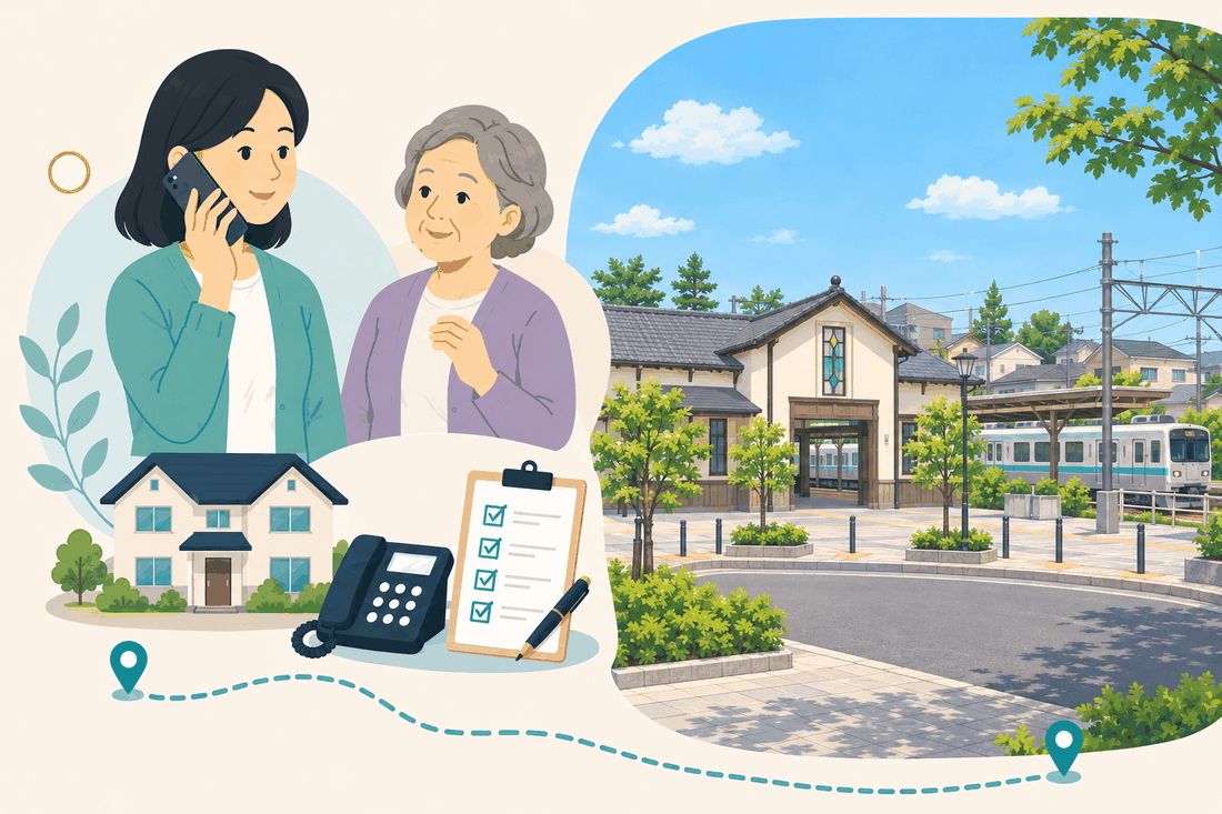 電話で相談する女性と親、住まい・固定電話・確認表と、クリーム色の小さな駅舎と、青緑の帯の電車、架線、駅前の広場を描いた案内イラスト