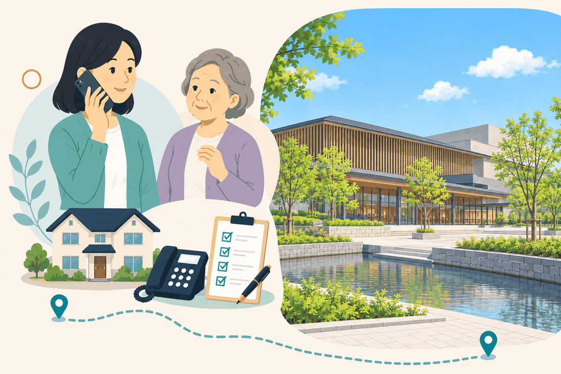 電話で相談する女性と親、住まい・固定電話・確認表と、木の縦格子の外壁が長く続く低い劇場建築と、手前の水辺・石積み・若木を描いた案内イラスト