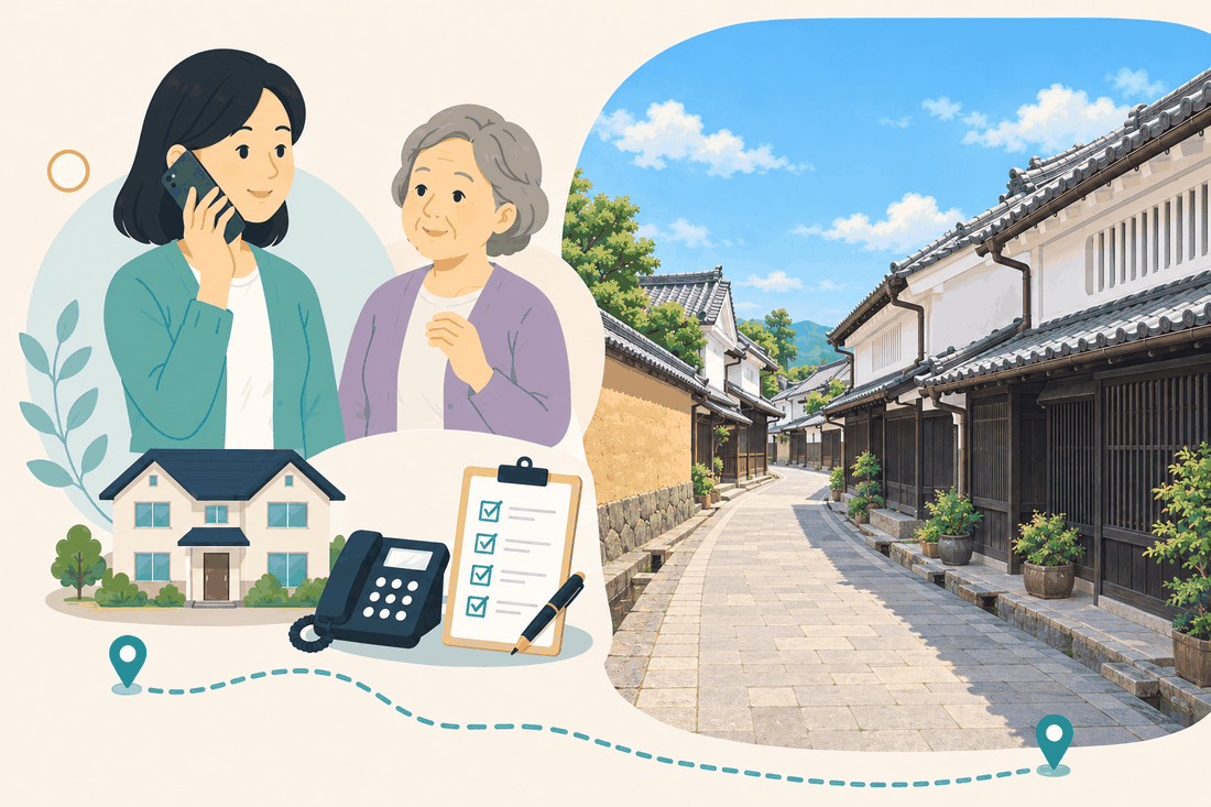 電話で相談する女性と親、住まい・固定電話・確認表と、白壁と黒い木格子の町家が続く、石敷きの細く緩やかな通りを描いた案内イラスト