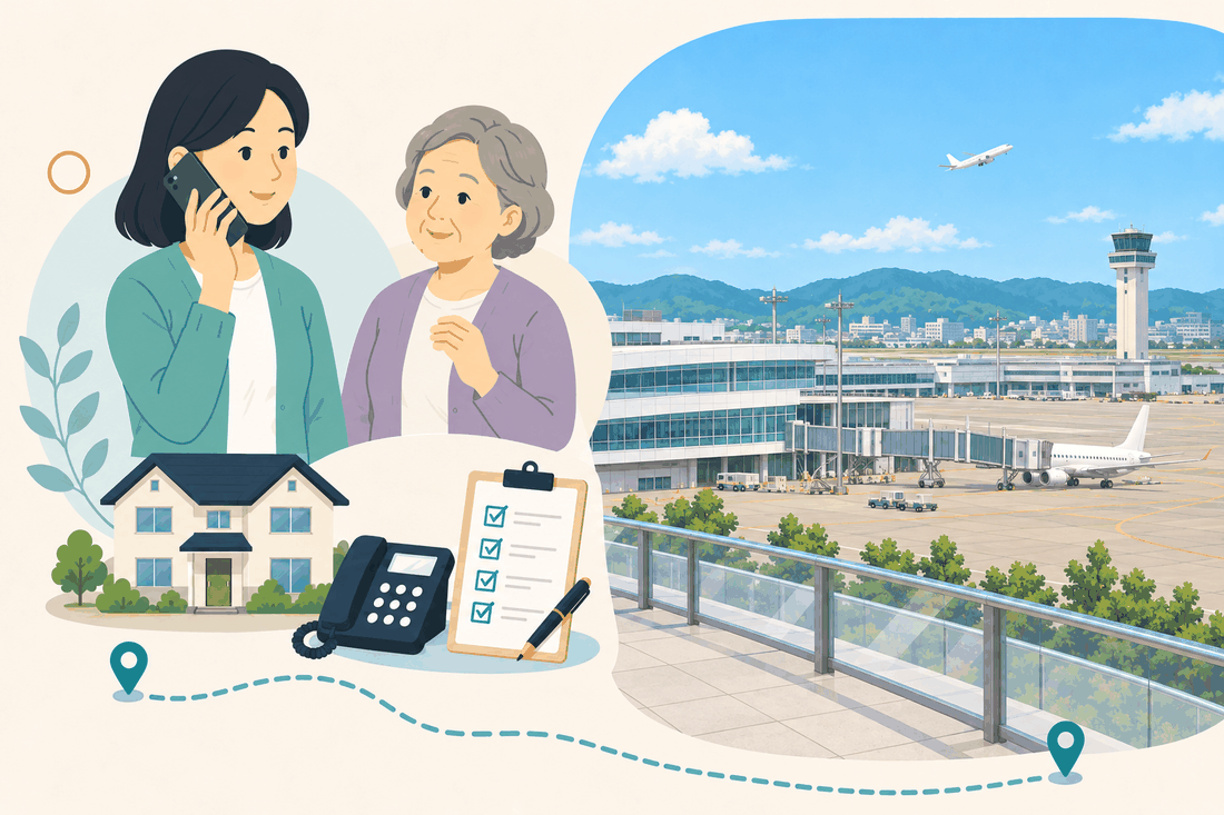電話で相談する女性と親、住まい・固定電話・確認表と、空港の低く長い旅客ターミナルと管制塔、駐機する旅客機と、手前の展望デッキの手すりを描いた案内イラスト