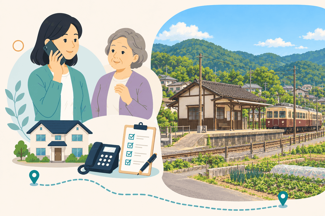 電話で相談する女性と親、住まい・固定電話・確認表と、木造・瓦屋根の小さな駅舎と、単線のホームに停まる赤茶色の電車、手前の畑を描いた案内イラスト