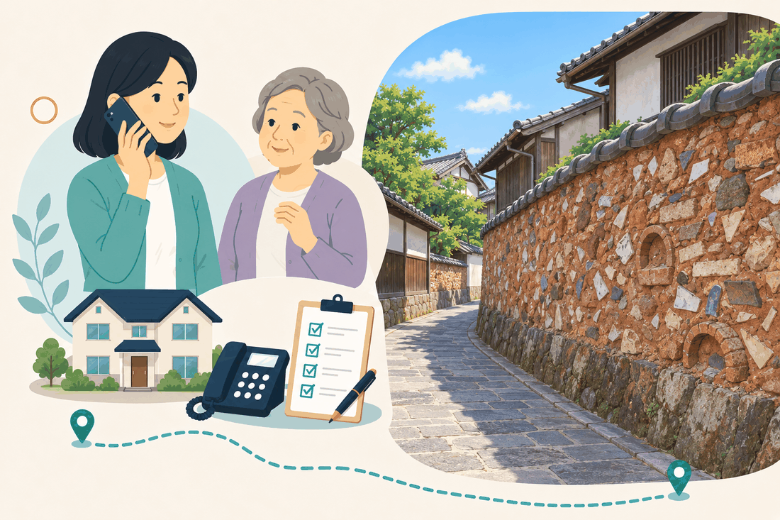 電話で相談する家族と親、住まい・固定電話・確認表、赤茶色の土塀と石畳の路地を描いた案内イラスト