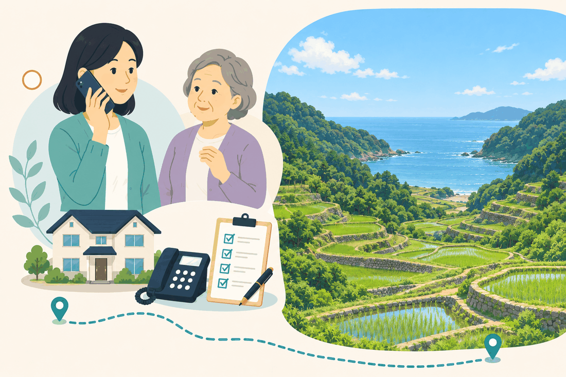 電話で相談する家族と親、住まい・固定電話・確認表と、海を望む棚田の風景を描いた案内イラスト