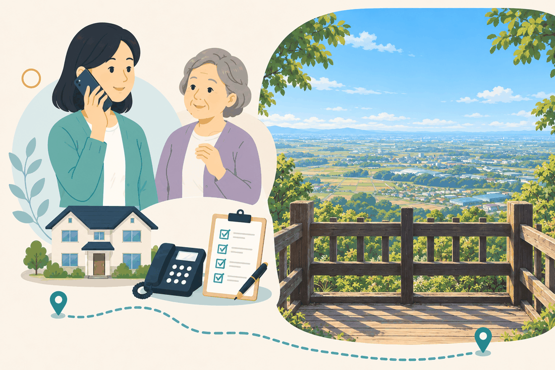 電話で相談する家族と親、住まい・固定電話・確認表、木の柵のある展望台から田園と町並みが広がる風景を描いた案内イラスト