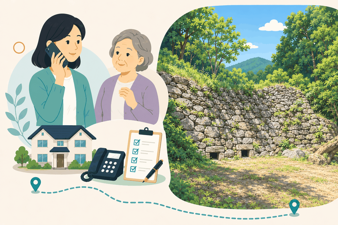 電話で相談する家族と親、住まい・固定電話・確認表と、山あいの苔むした石積みの壁と木々を描いた案内イラスト