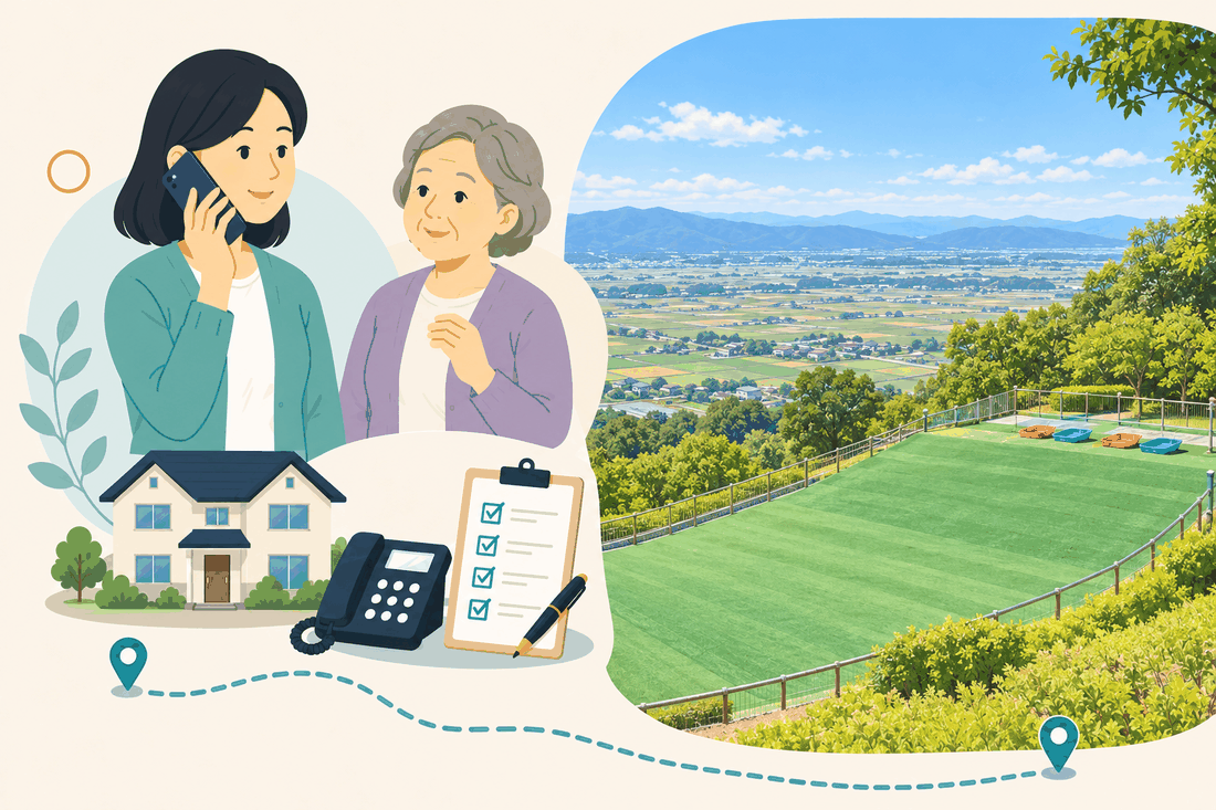 電話で相談する家族と親、住まい・固定電話・確認表、田園と山並みを見渡す丘の芝生の広場を描いた案内イラスト