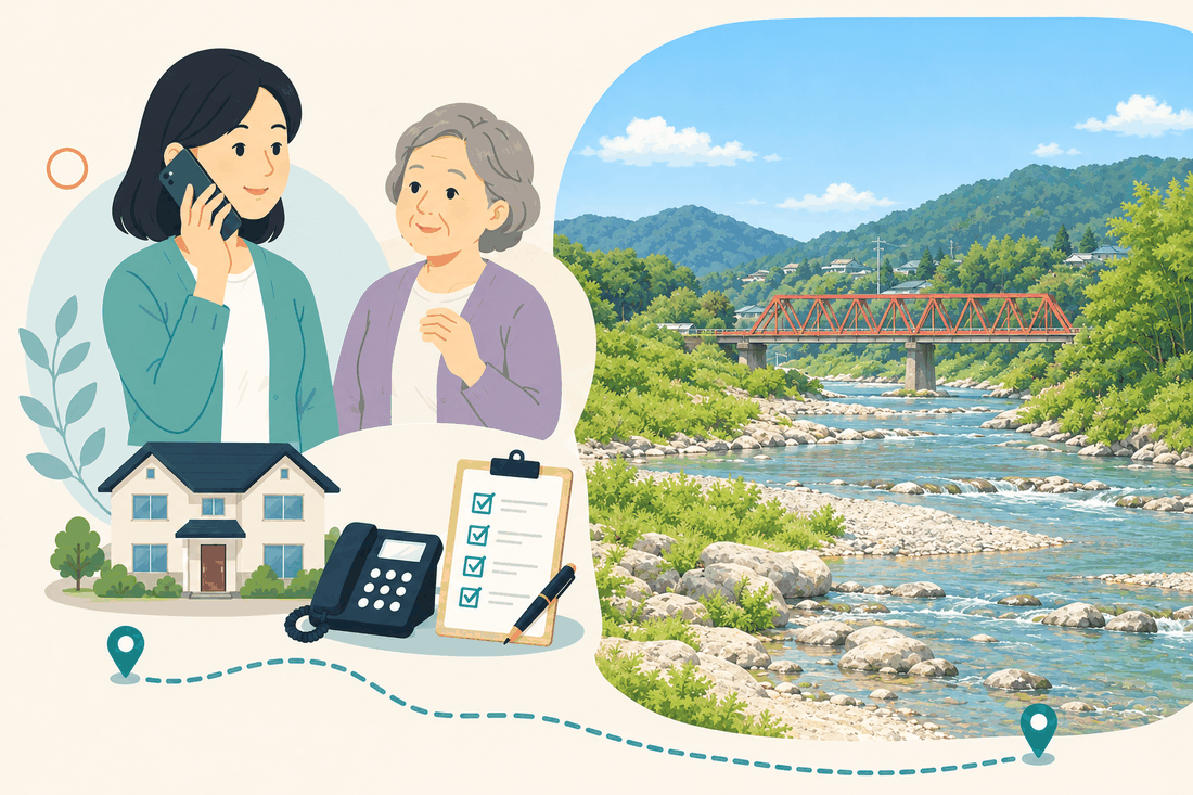 離れて暮らす家族と親、電話、確認表を描いた案内イラスト