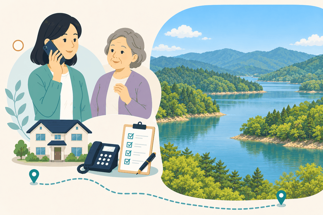 離れて暮らす家族と親、電話、確認表を描いた案内イラスト