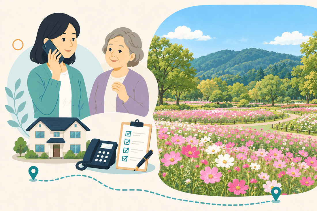 離れて暮らす家族と親、電話、確認表を描いた案内イラスト