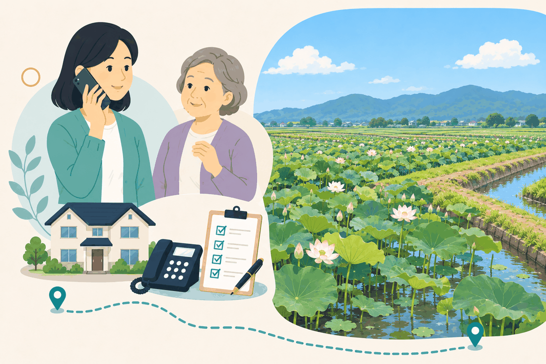 電話で相談する家族と親、住まい・固定電話・確認表、れんこん畑と山並みが広がる白石平野を描いた案内イラスト