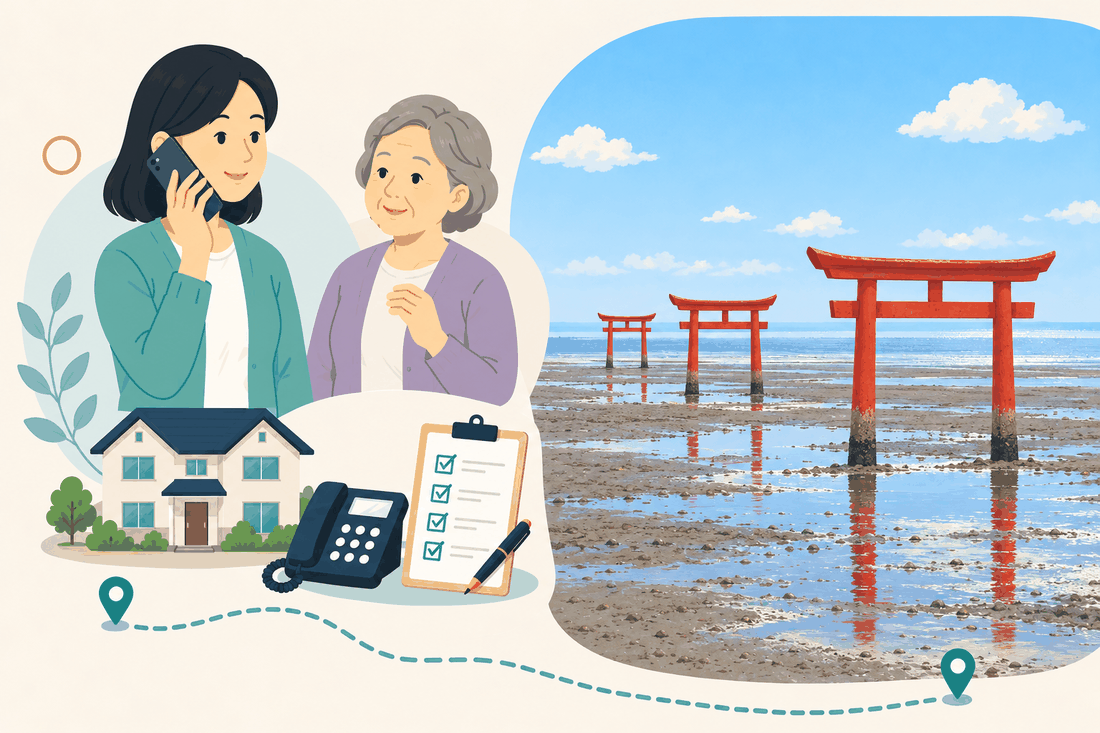 電話で相談する家族と親、住まい・固定電話・確認表、有明海の干潟に立つ赤い鳥居を描いた案内イラスト