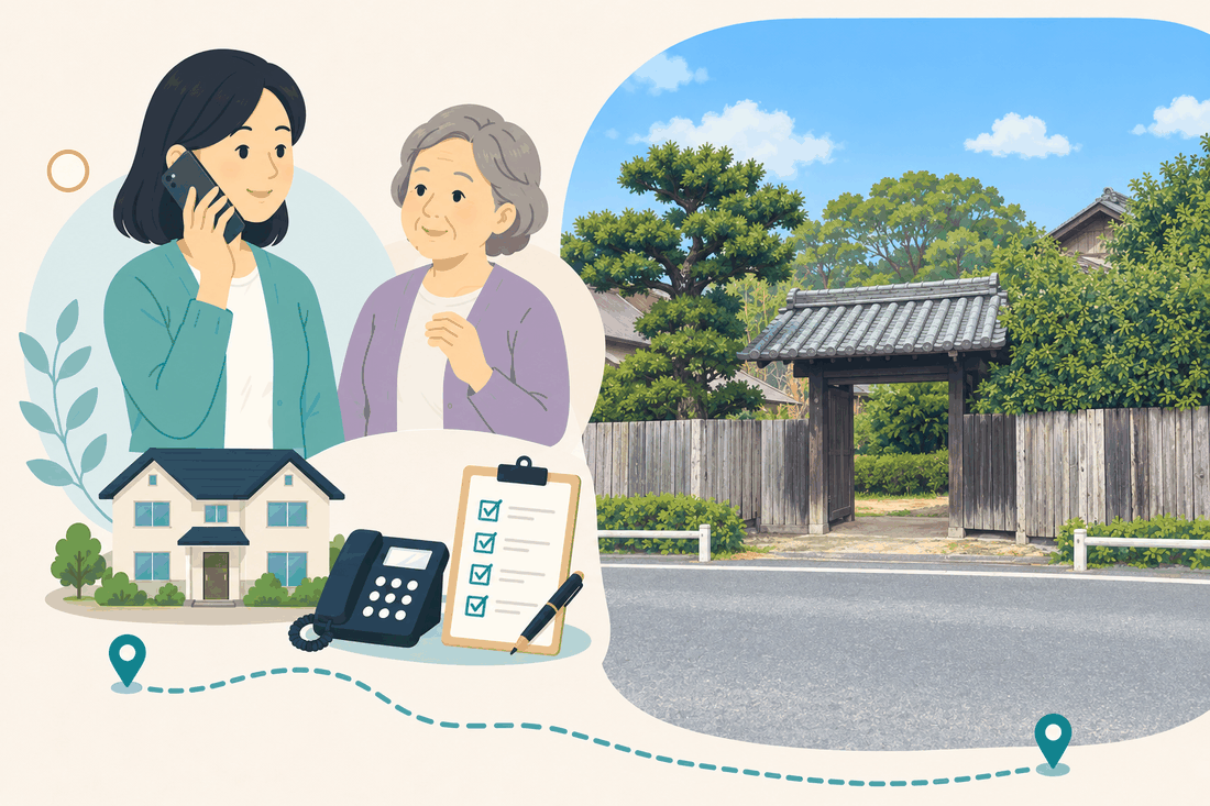 電話で相談する家族と親、住まい・固定電話・確認表、瓦屋根の古い木の門と板塀が続く道沿いの風景を描いた案内イラスト