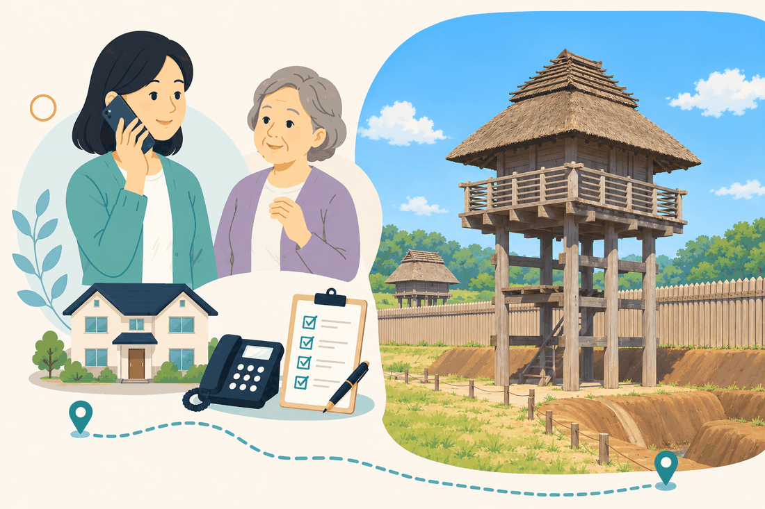 電話で相談する家族と親、住まい・固定電話・確認表、復元された物見櫓と環壕を描いた案内イラスト