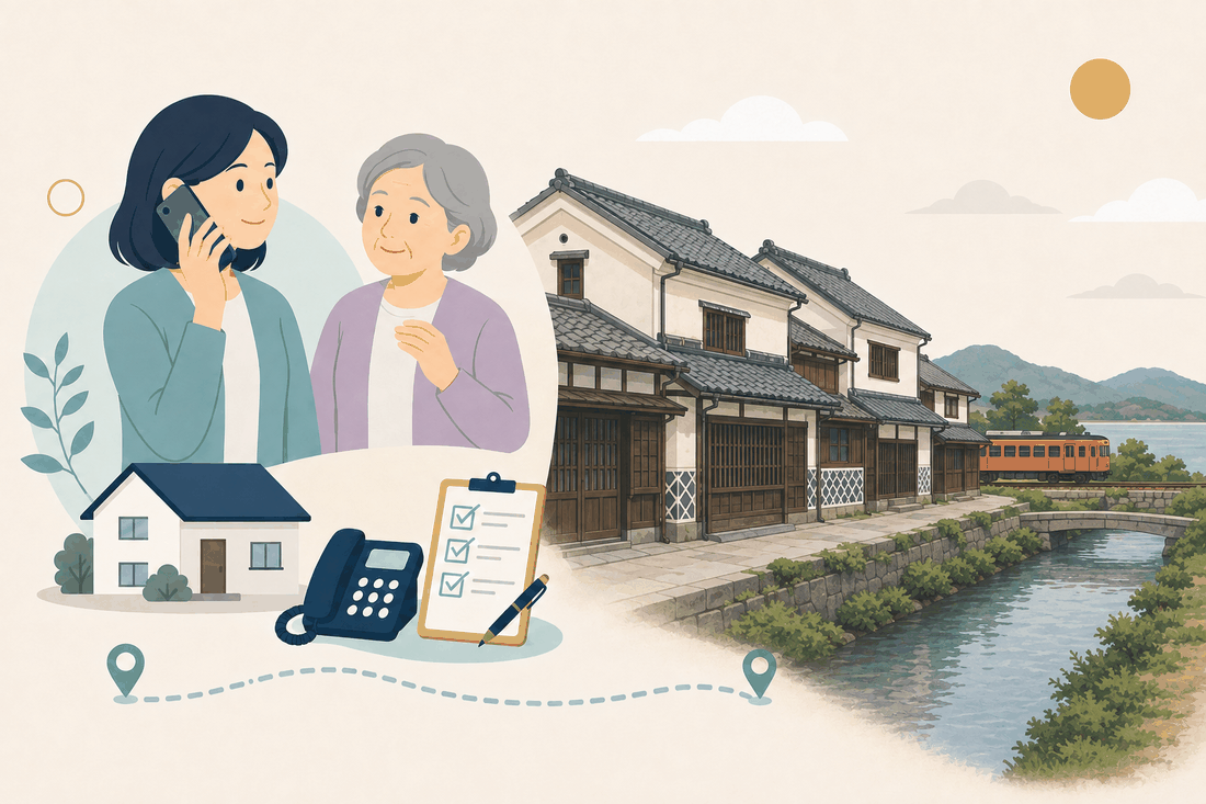 離れて暮らす子と親、電話、確認表を描いた出雲市平田版の案内イラスト