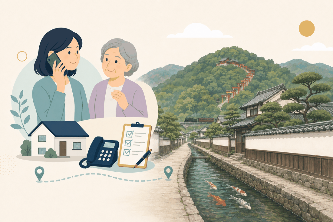 離れて暮らす子と親、電話、確認表を描いた津和野町版の案内イラスト