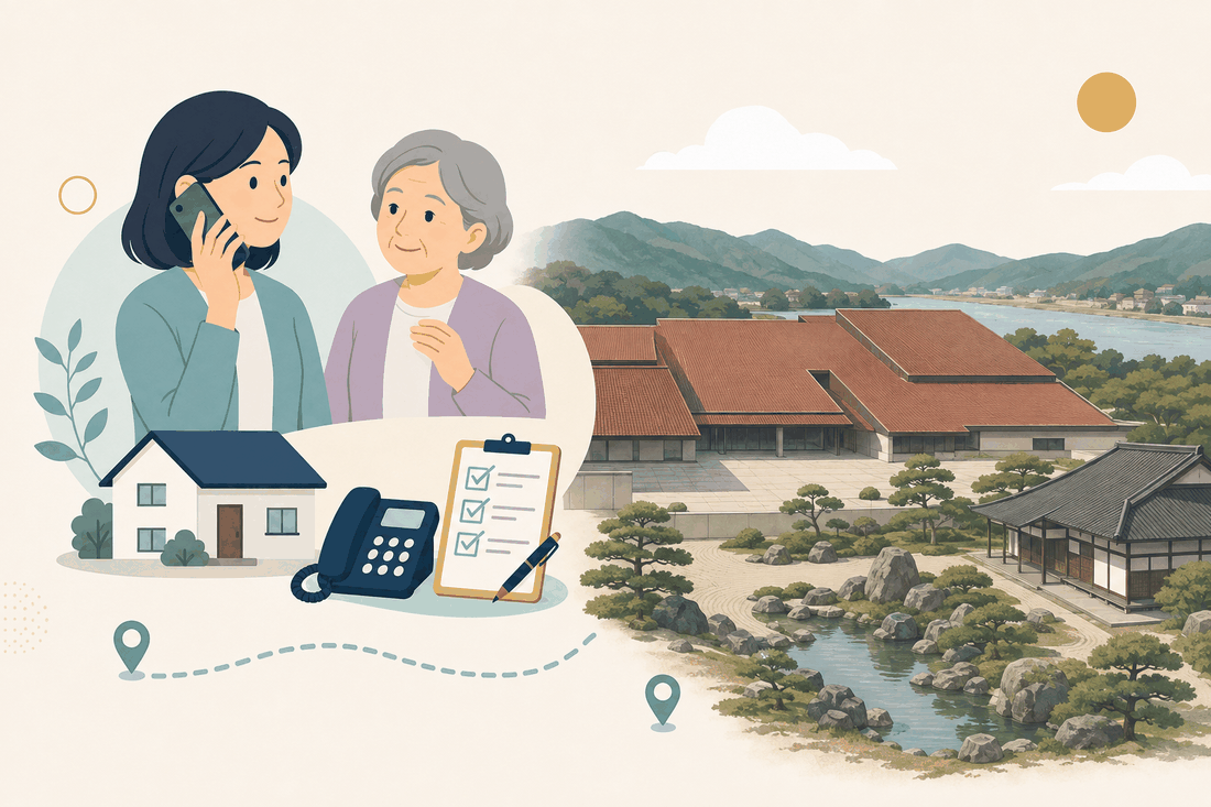 離れて暮らす子と親、電話、確認表を描いた益田市版の案内イラスト