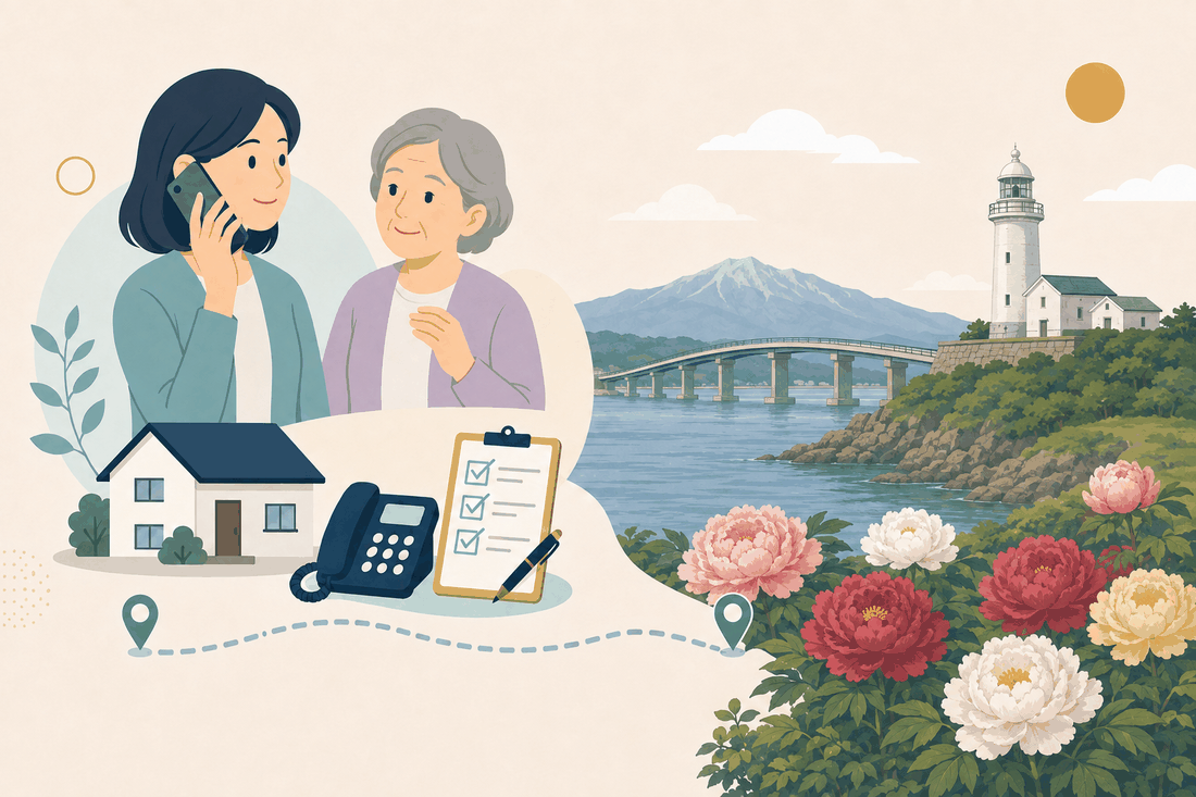 離れて暮らす子と親、電話、確認表を描いた松江市美保関・八束版の案内イラスト