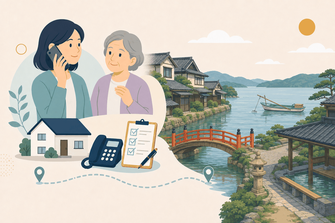 離れて暮らす子と親、電話、確認表を描いた松江市玉湯・宍道版の案内イラスト