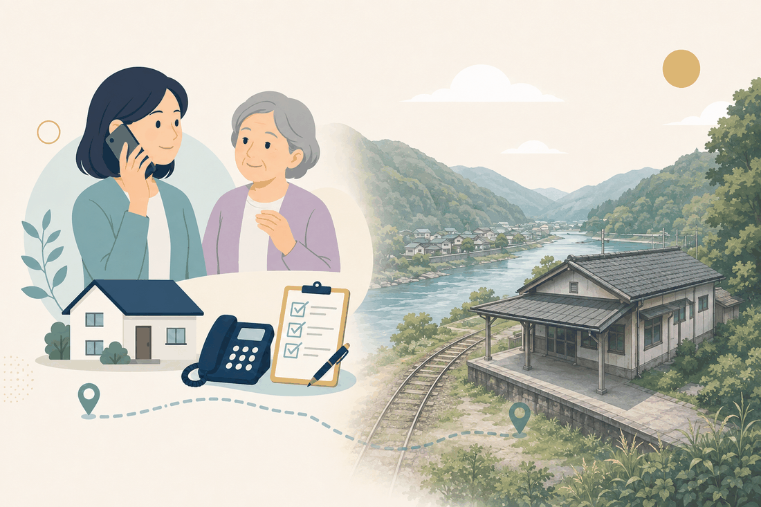 離れて暮らす子と親、電話、確認表を描いた川本町版の案内イラスト