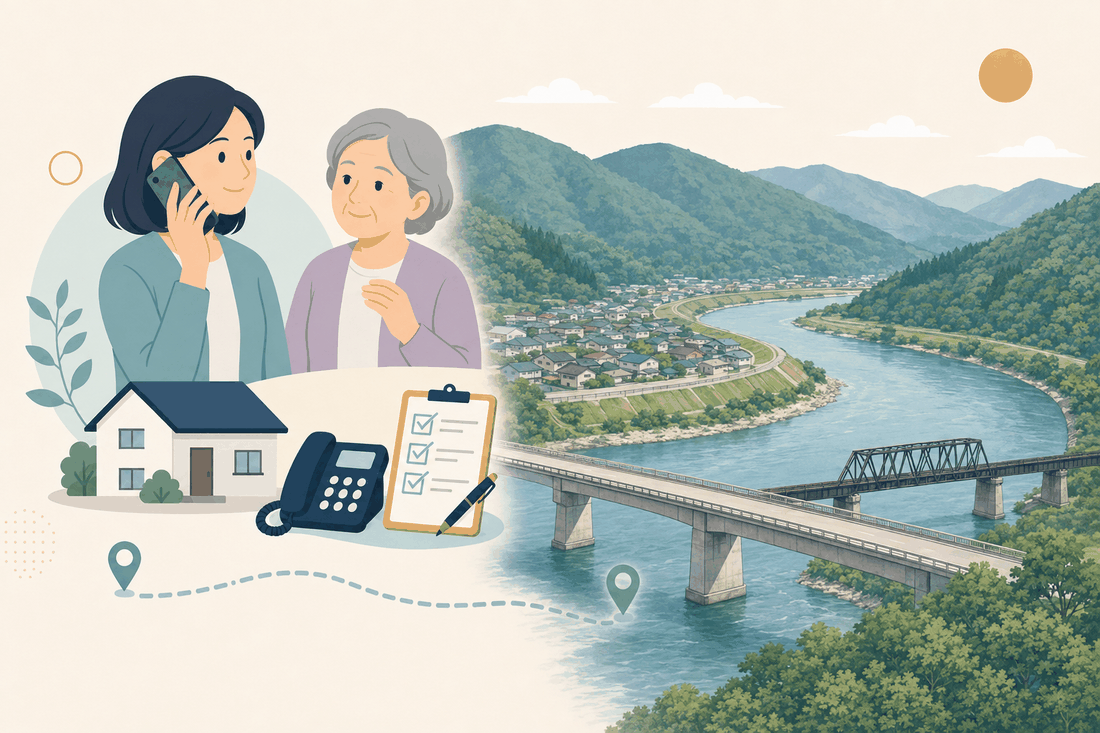 離れて暮らす子と親、電話、確認表を描いた美郷町版の案内イラスト