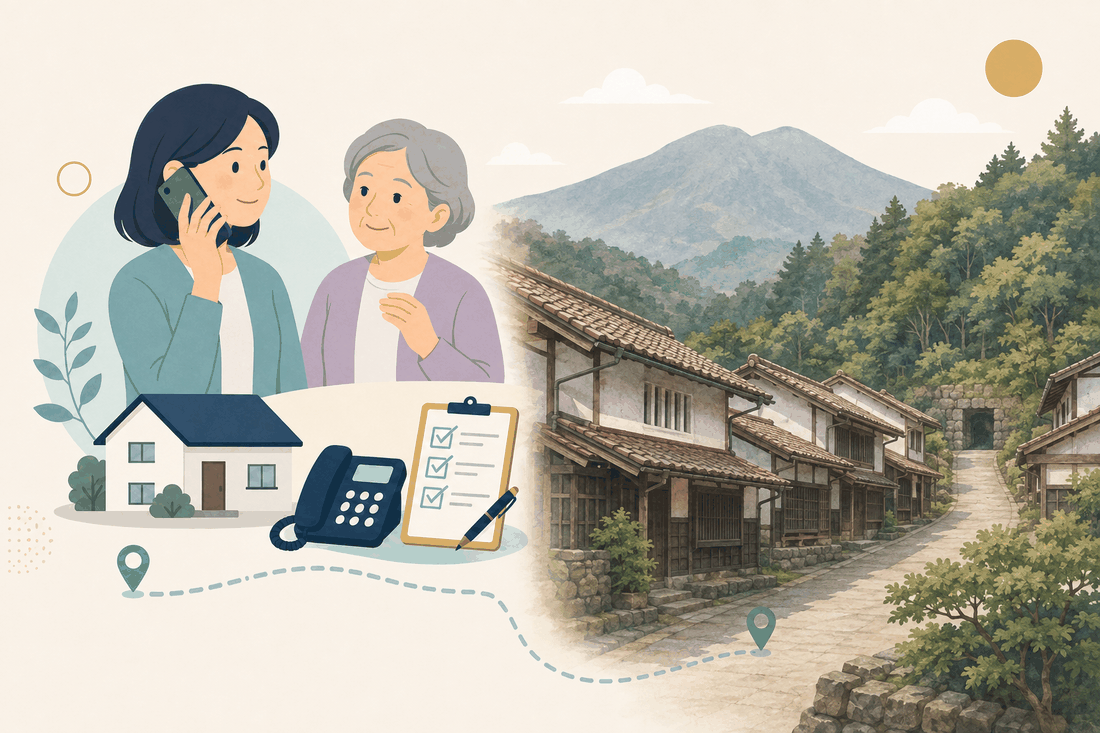 離れて暮らす子と親、電話、確認表を描いた大田市版の案内イラスト
