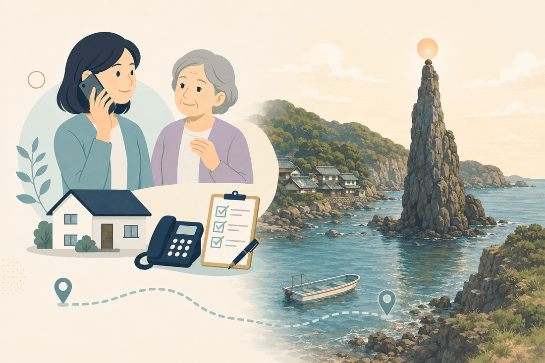 離れて暮らす子と親、電話、確認表を描いた隠岐の島町版の案内イラスト