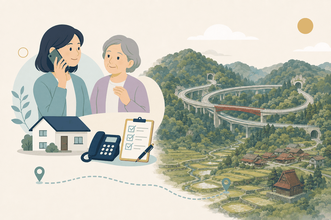 離れて暮らす子と親、電話、確認表を描いた奥出雲町版の案内イラスト