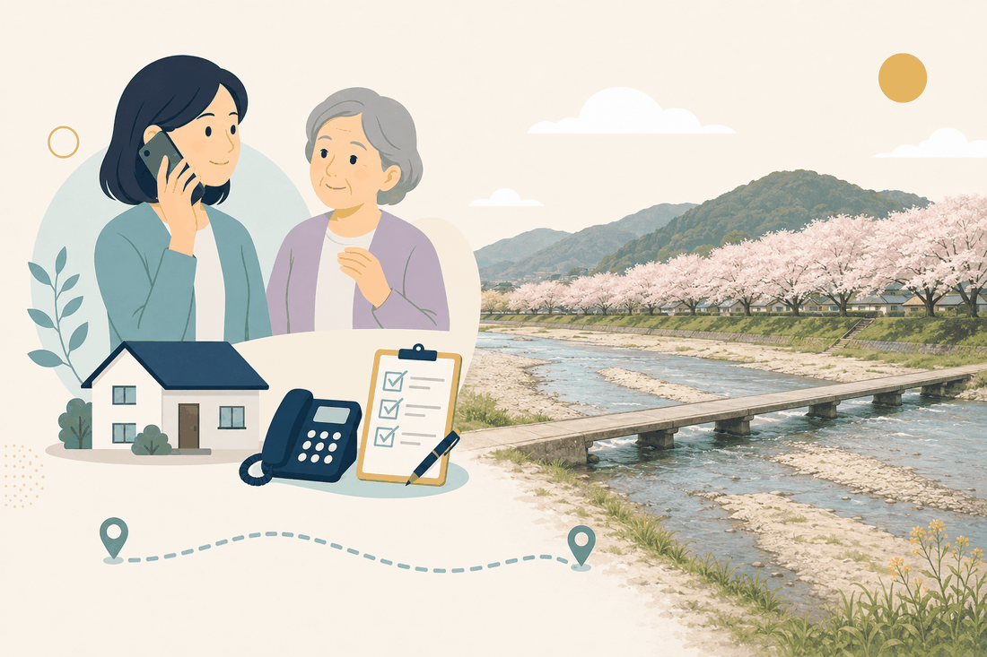 離れて暮らす子と親、電話、確認表を描いた雲南市版の案内イラスト