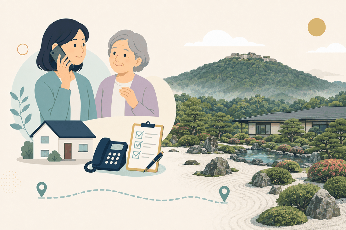 離れて暮らす子と親、電話、確認表を描いた安来市版の案内イラスト