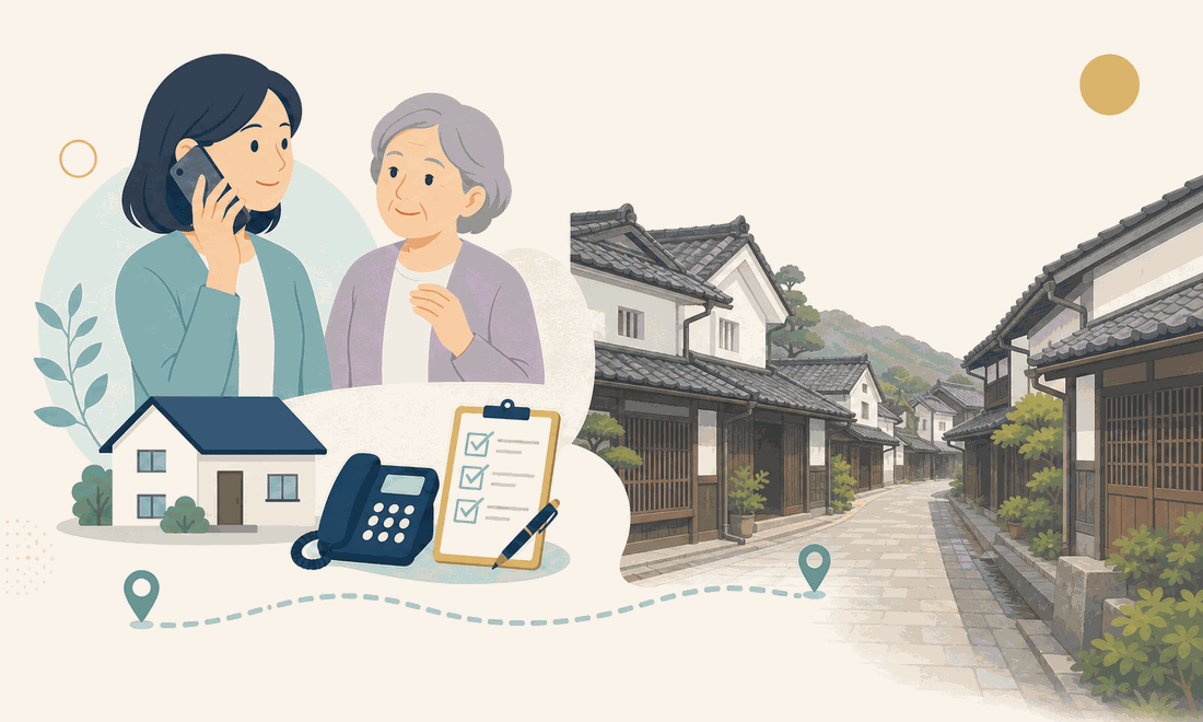 離れて暮らす娘と親、電話、確認表、竹原の古い町並みを描いた竹原市版の案内イラスト