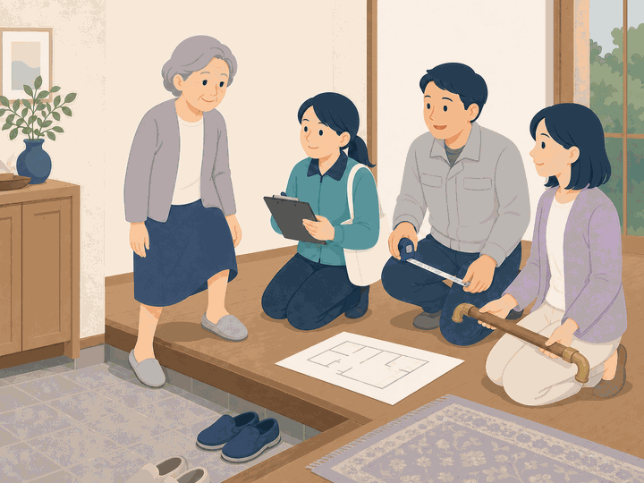 玄関の上がり框に立つ親を囲み、家族とケアマネジャーと施工業者が段差を採寸し、手すりの見本と間取り図を確認している場面