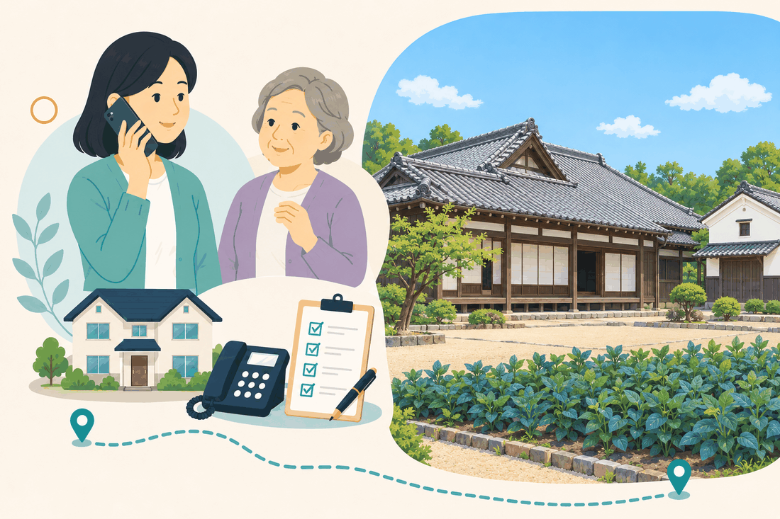 離れて暮らす家族と親、電話、確認表を描いた案内イラスト