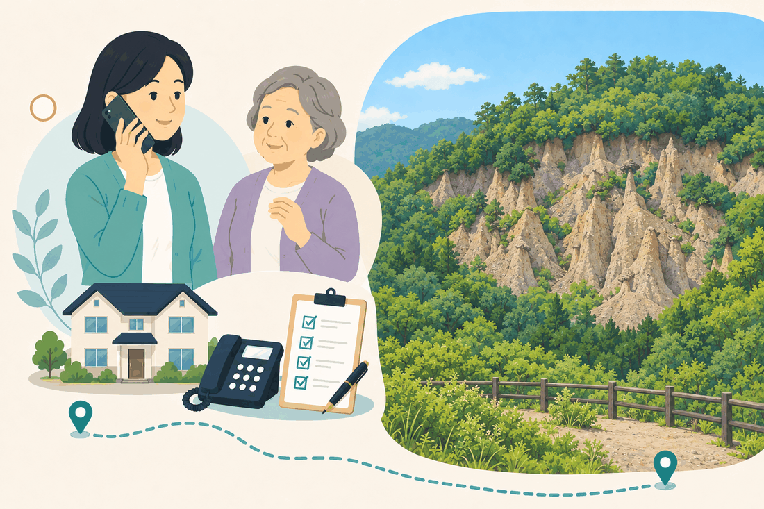 電話をする女性と母親、電話機と確認表、右手に阿波の土柱を描いた案内イラスト