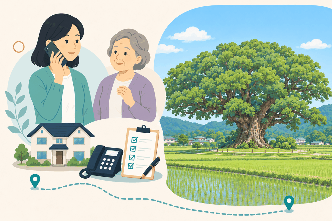 離れて暮らす家族と親、電話、確認表を描いた案内イラスト