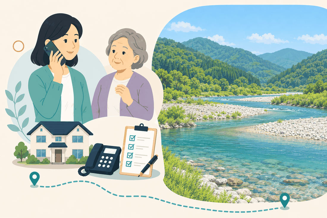 離れて暮らす家族と親、電話、確認表を描いた案内イラスト