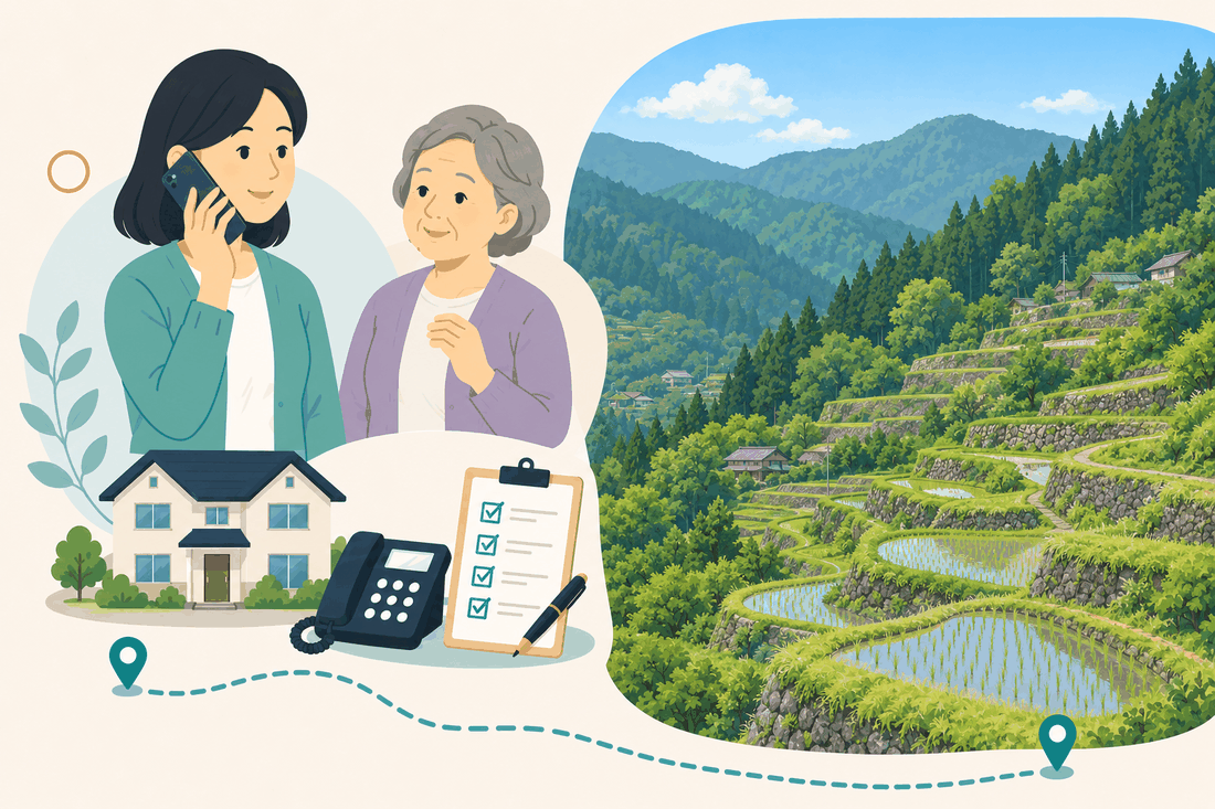 離れて暮らす家族と親、電話、確認表を描いた案内イラスト