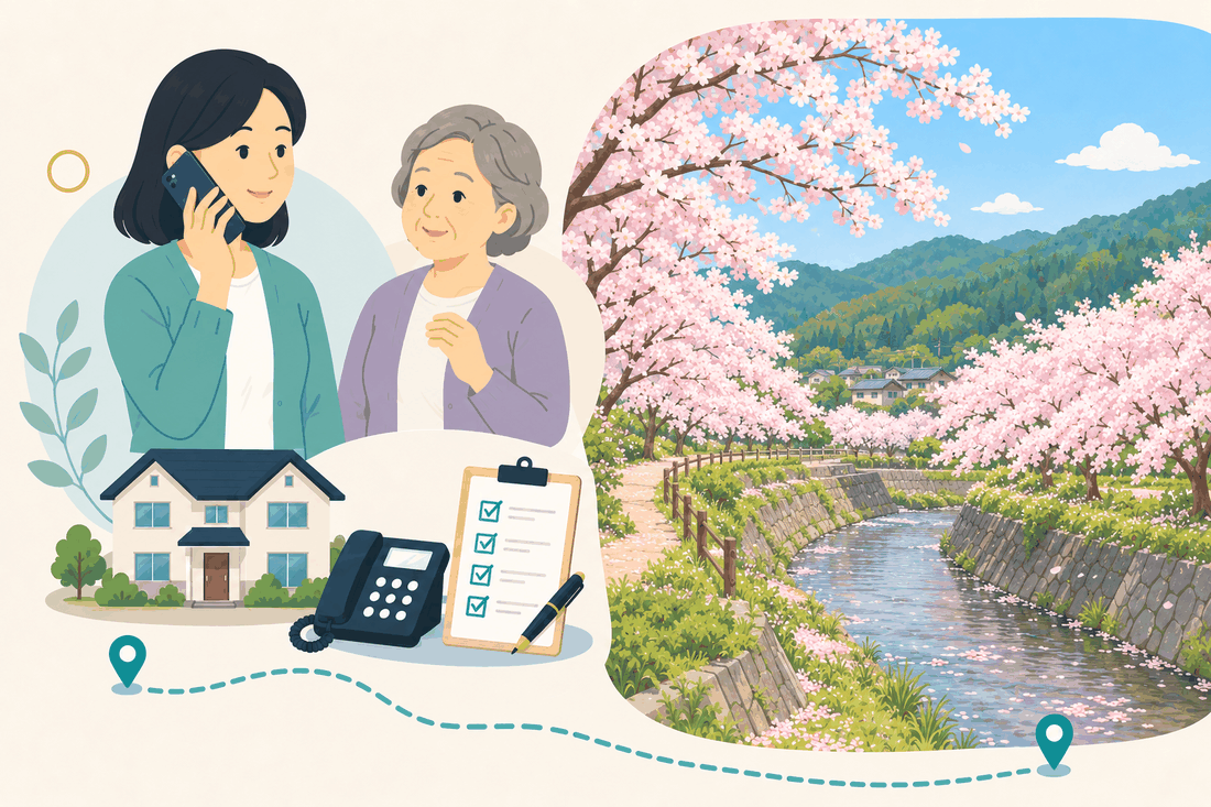 離れて暮らす家族と親、電話、確認表を描いた案内イラスト