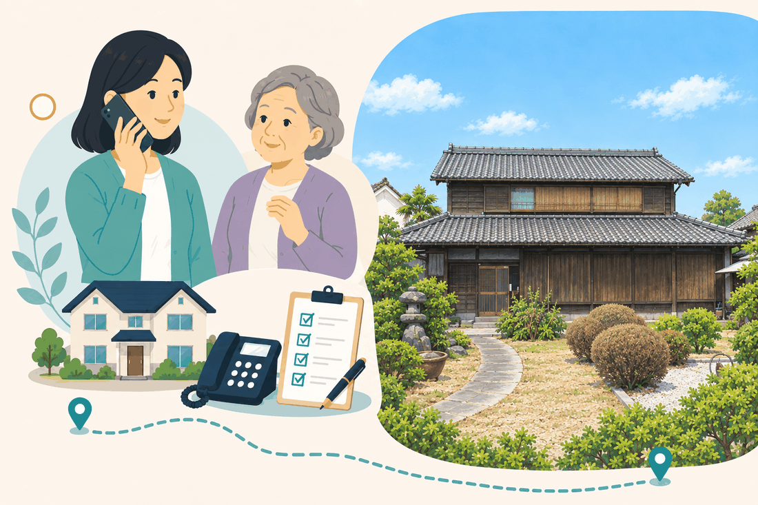 スマホで電話をする女性と母親、電話機と確認表、右手に古い日本家屋の庭を描いた案内イラスト