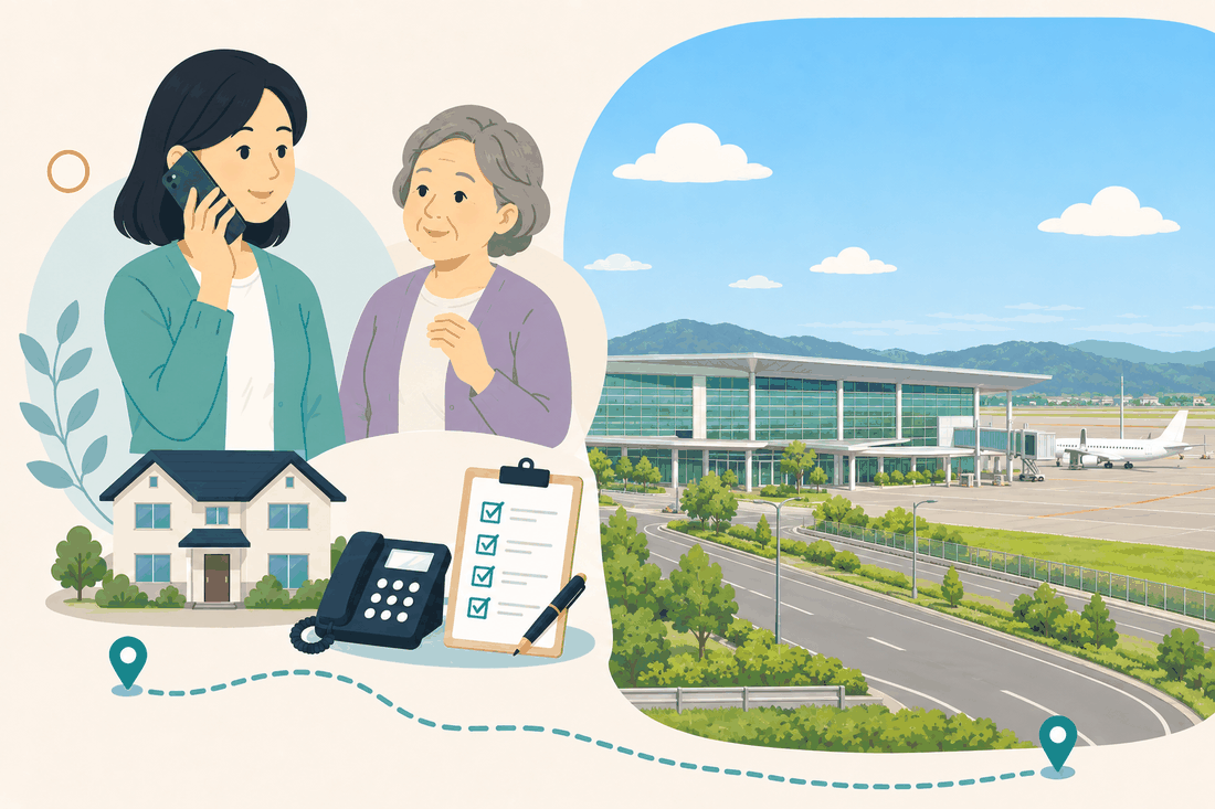 離れて暮らす家族と親、電話、確認表、空港のある風景を描いた案内イラスト