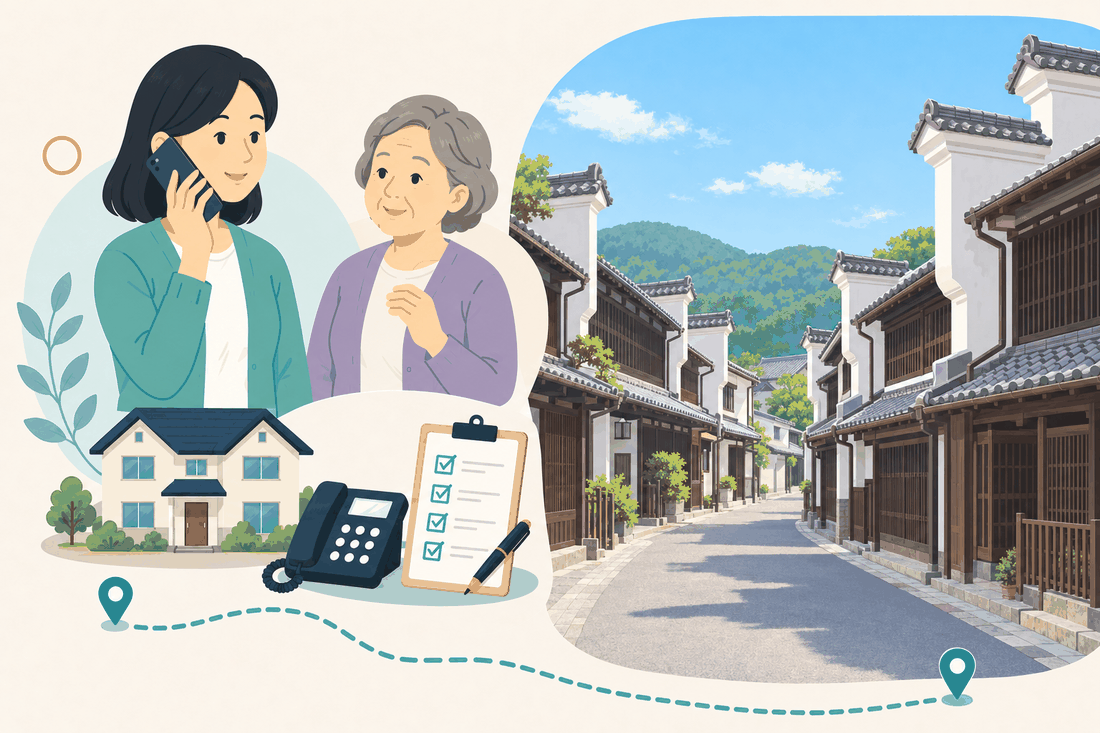 離れて暮らす家族と親、電話、確認表を描いた案内イラスト