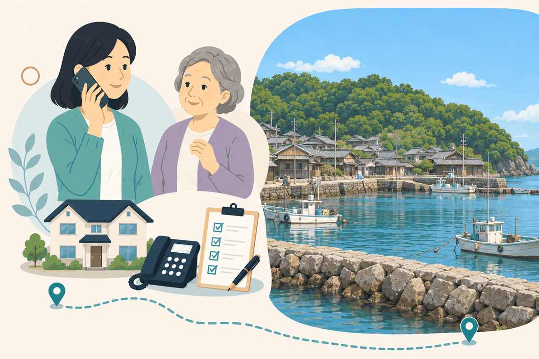 離れて暮らす家族と親、電話、確認表を描いた案内イラスト