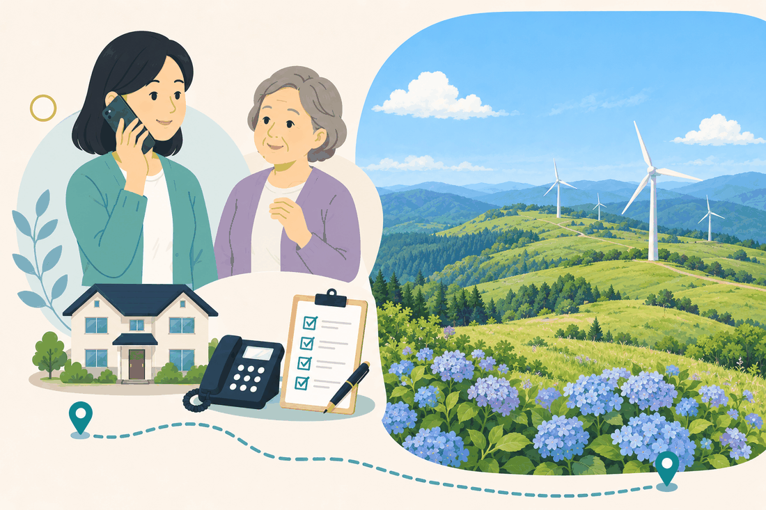 電話で話す娘と親、自宅、固定電話、確認表のほか、風車の立つ高原とあじさいの花を描いた案内イラスト