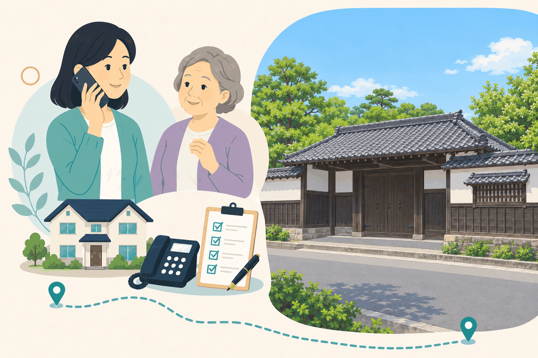離れて暮らす家族と親、電話、確認表を描いた案内イラスト
