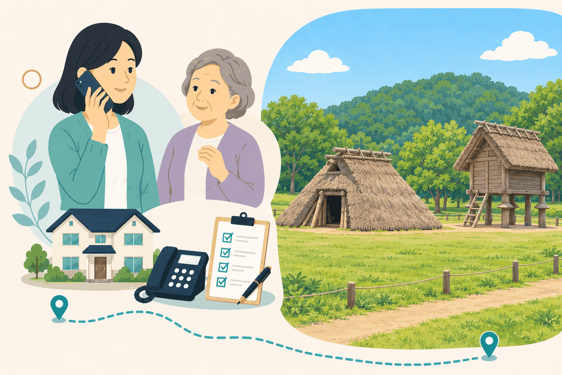 離れて暮らす家族と親、電話、確認表を描いた案内イラスト