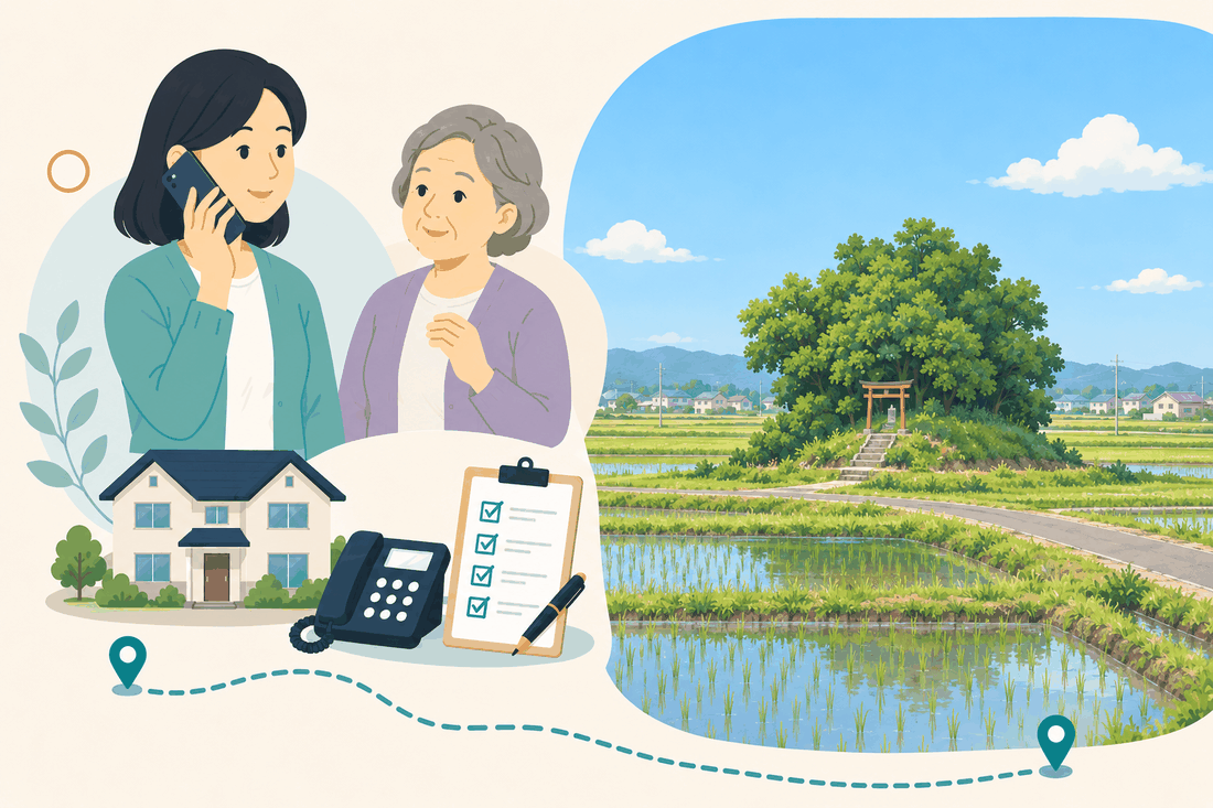 離れて暮らす家族と親、電話、確認表を描いた案内イラスト