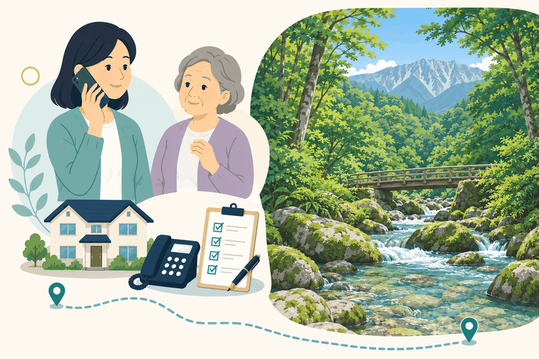 離れて暮らす娘と親、電話、確認表、苔むした岩と木の橋がある渓流、奥に雪の残る山並みが見える江府町の風景を描いた案内イラスト