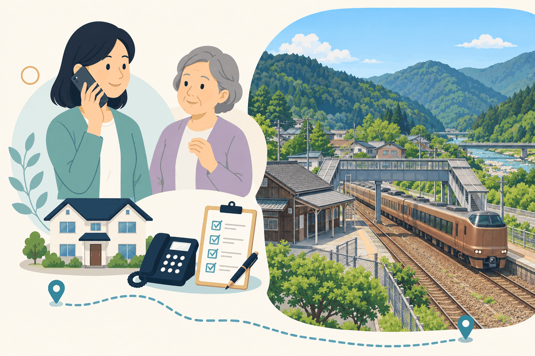 離れて暮らす娘と親、電話、確認表、山あいの駅を列車が行き交う日南町の風景を描いた案内イラスト